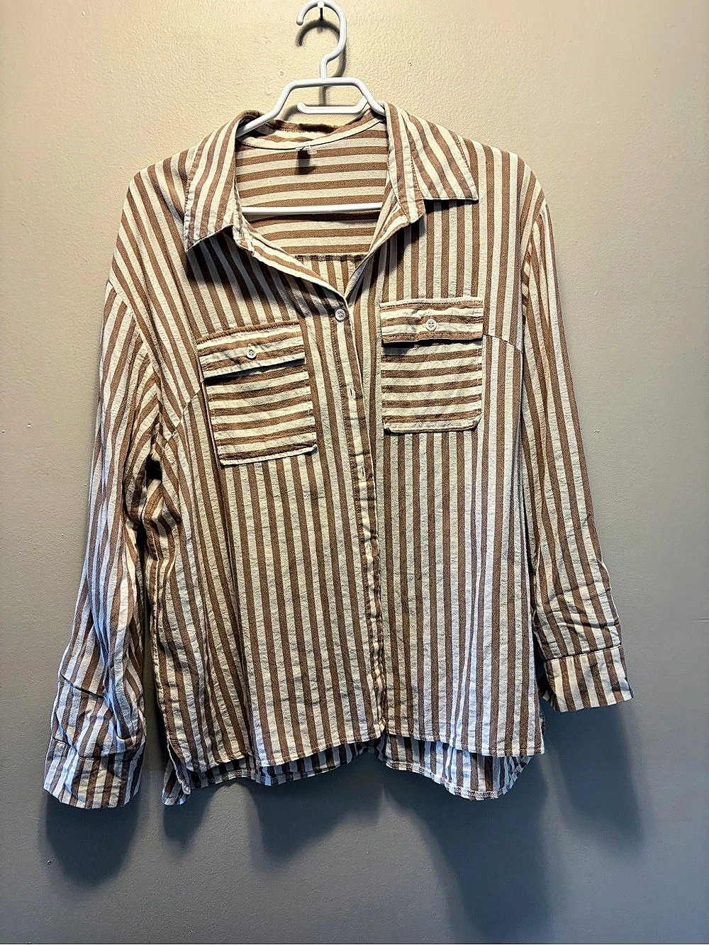 Striped Button Down Shirt in Beige & White